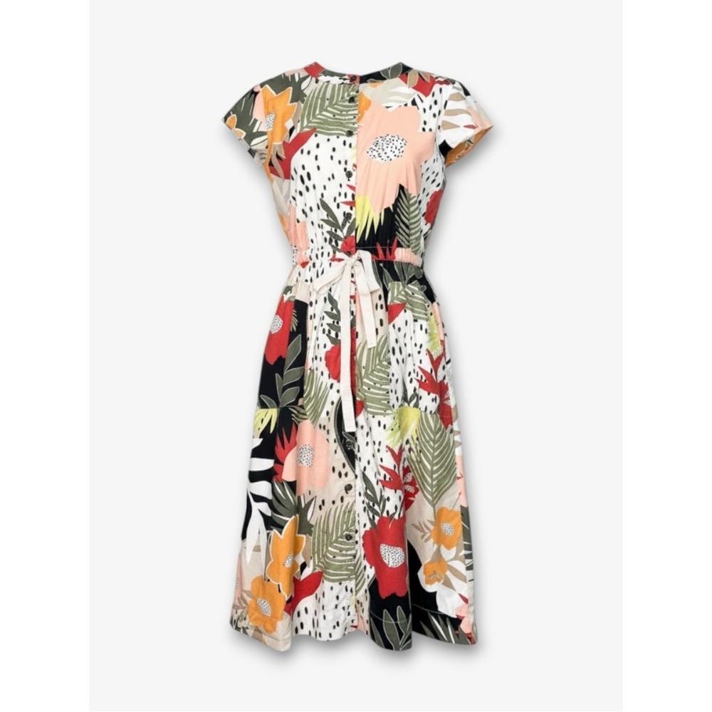 LOFT Tropical Floral Midi Shirt Dress Sz 0 Tie Waist Pockets‎ Multicolor Casual
